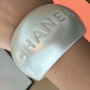 CHANEL White Pearl Acrylic Open Cuff Bracelet